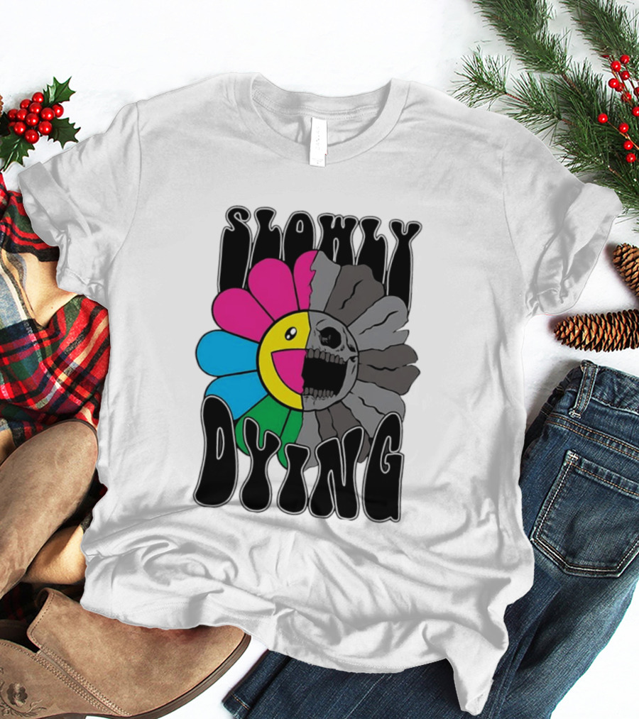 Slowly Dying Colorful Flower Skull Dark Half Happy Half Grim T-Shirt