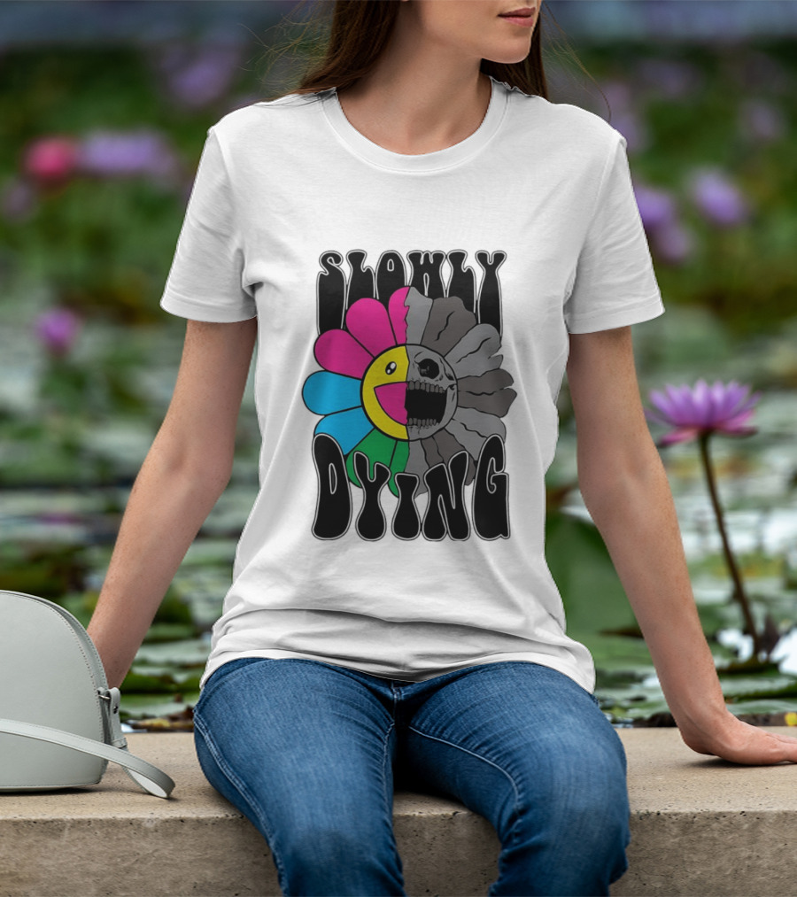 Slowly Dying Colorful Flower Skull Dark Half Happy Half Grim T-Shirt