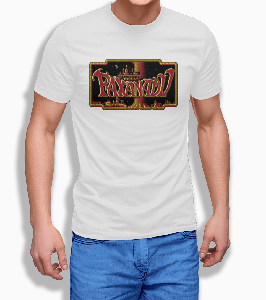 Faxanadu Retro NES Game Pixel Art Castle Moon Night Scene T-Shirt