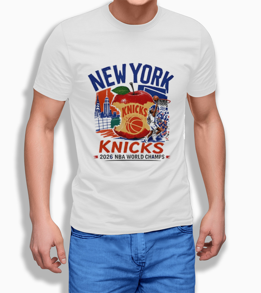 New York Knicks 2026 NBA World Champs Skyline Apple Basketball T-Shirt