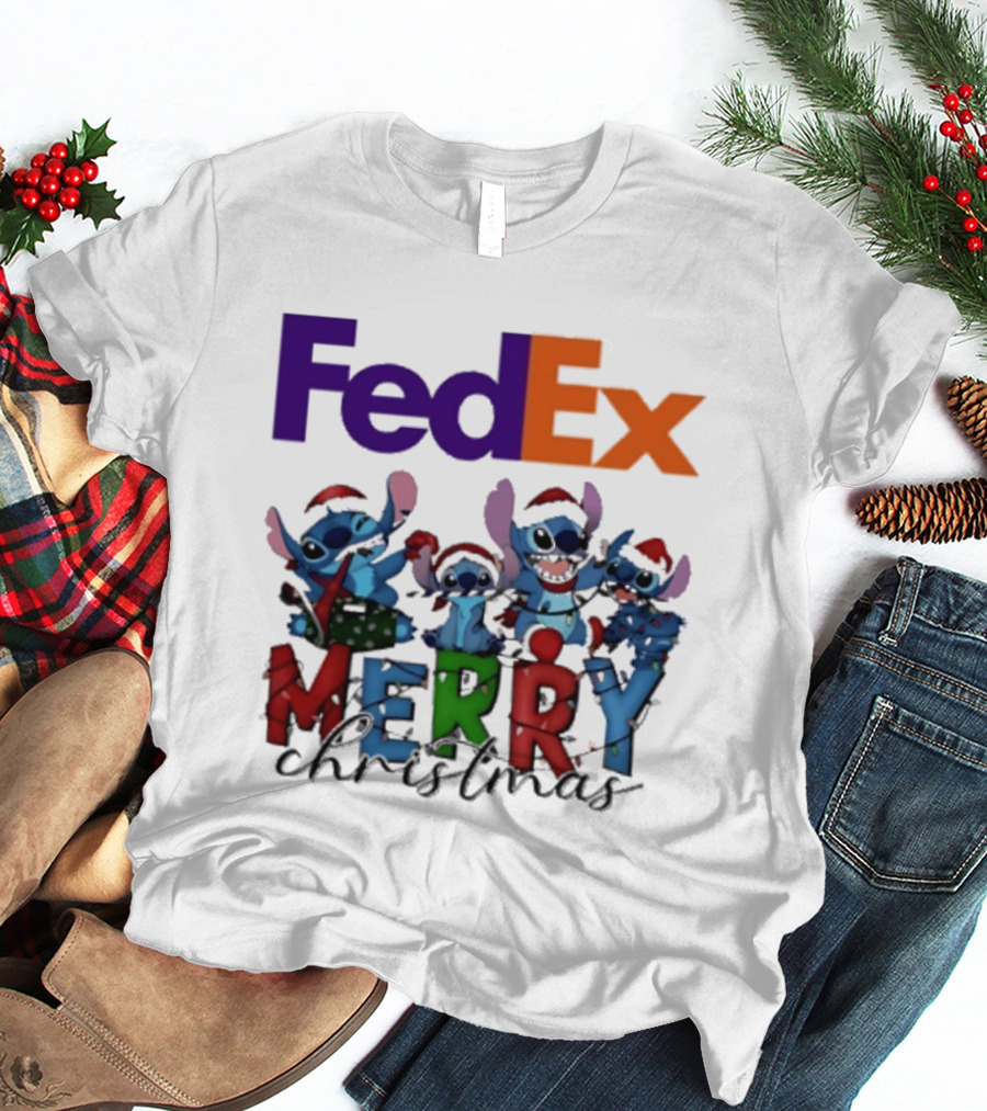 FedEx Stitch Merry Christmas 2025 Characters In Santa Hats T-Shirt