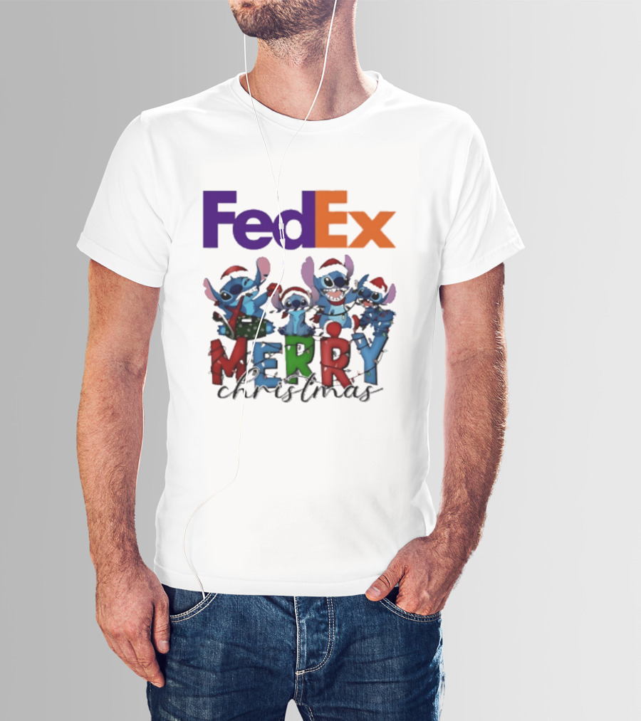 FedEx Stitch Merry Christmas 2025 Characters In Santa Hats T-Shirt