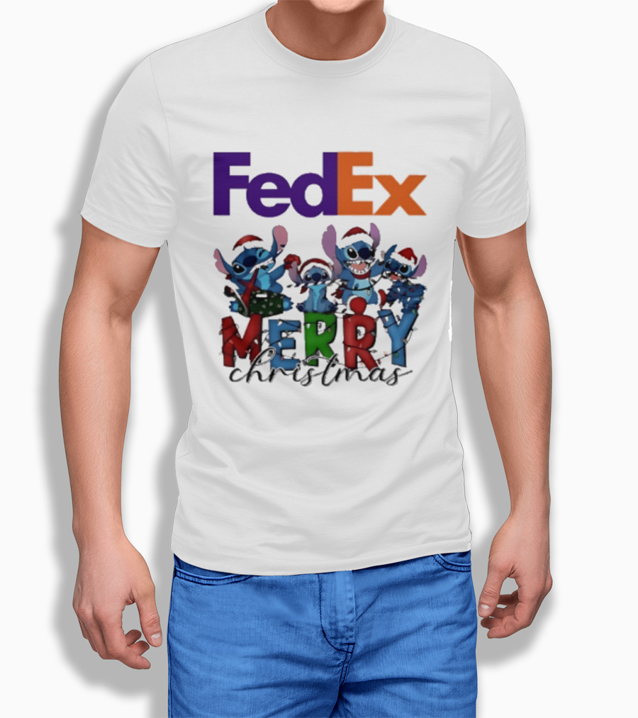 FedEx Stitch Merry Christmas 2025 Characters In Santa Hats T-Shirt