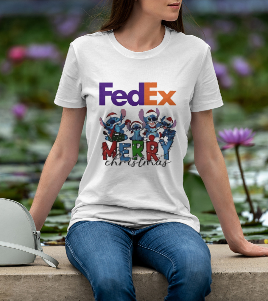 FedEx Stitch Merry Christmas 2025 Characters In Santa Hats T-Shirt