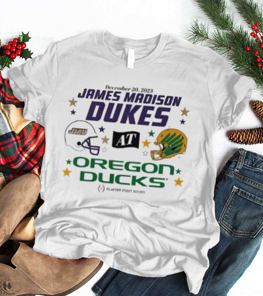 James Madison Dukes Vs Oregon Ducks December 20 2025 CFP Playoff First Round T-Shirt