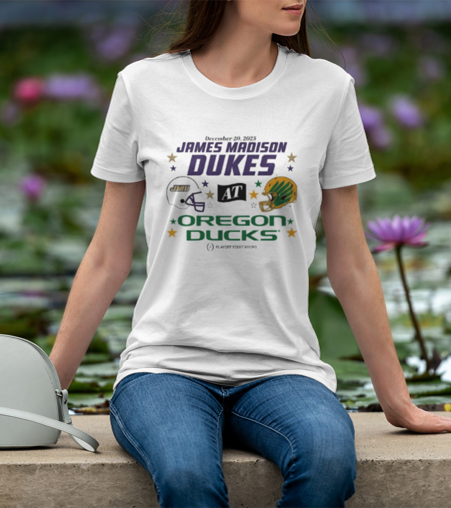 James Madison Dukes Vs Oregon Ducks December 20 2025 CFP Playoff First Round T-Shirt