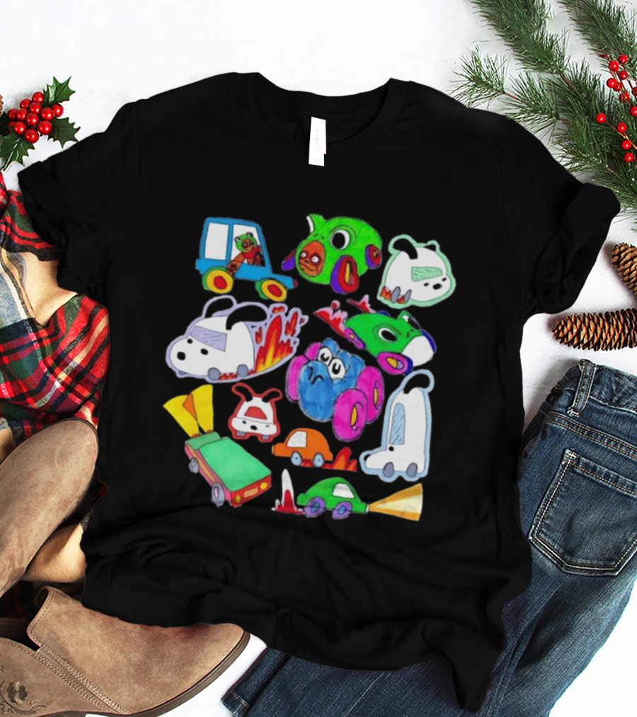 Colorful Cartoon Animal Toy Cars With Rocket Exhaust And Flames Racing Sketch T-Shirt