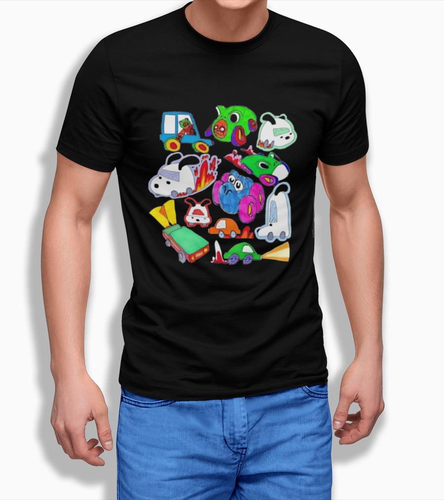 Colorful Cartoon Animal Toy Cars With Rocket Exhaust And Flames Racing Sketch T-Shirt