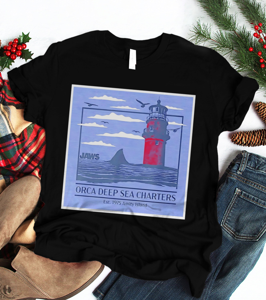Jaws Orca Deep Sea Charters 1975 Amity Island Lighthouse Ocean Adventure T-Shirt