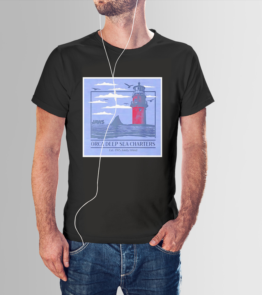 Jaws Orca Deep Sea Charters 1975 Amity Island Lighthouse Ocean Adventure T-Shirt