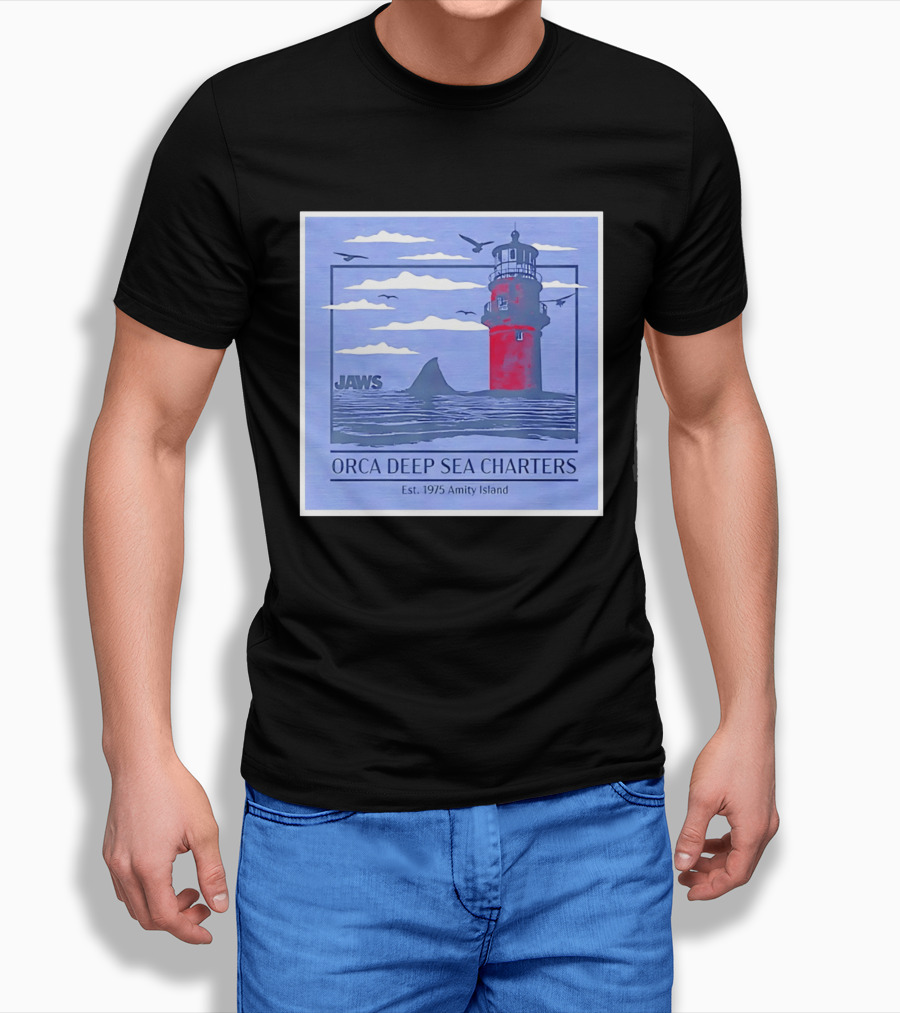 Jaws Orca Deep Sea Charters 1975 Amity Island Lighthouse Ocean Adventure T-Shirt