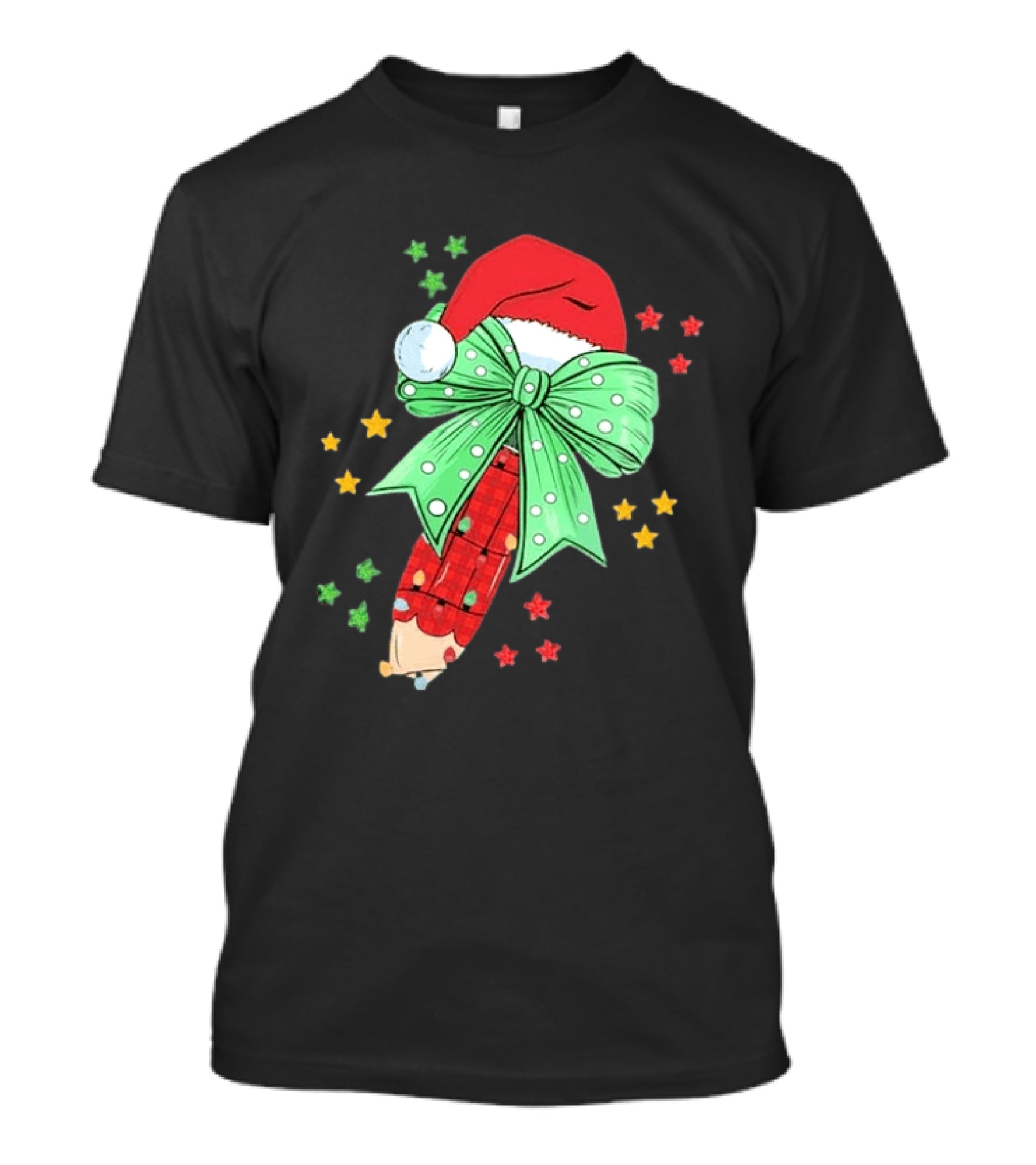 Christmas Elf Pen Candy Cane With Green Bow And Santa Hat T-Shirt