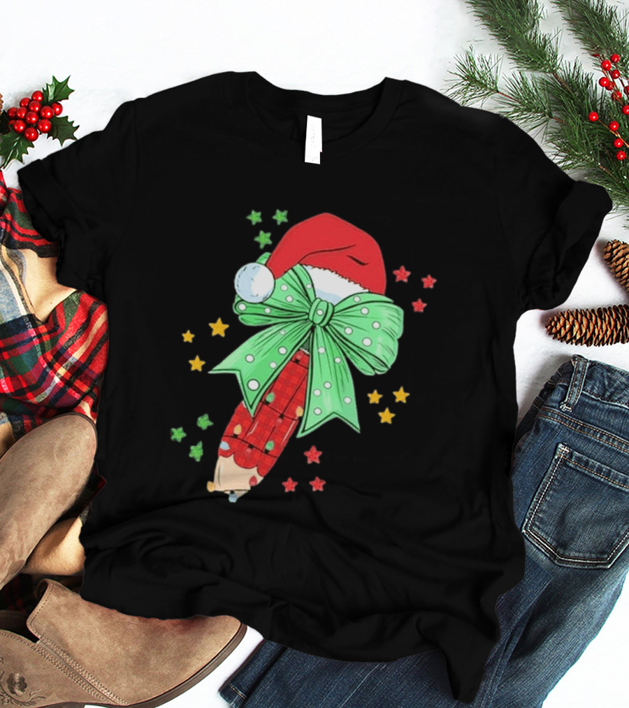Christmas Elf Pen Candy Cane With Green Bow And Santa Hat T-Shirt