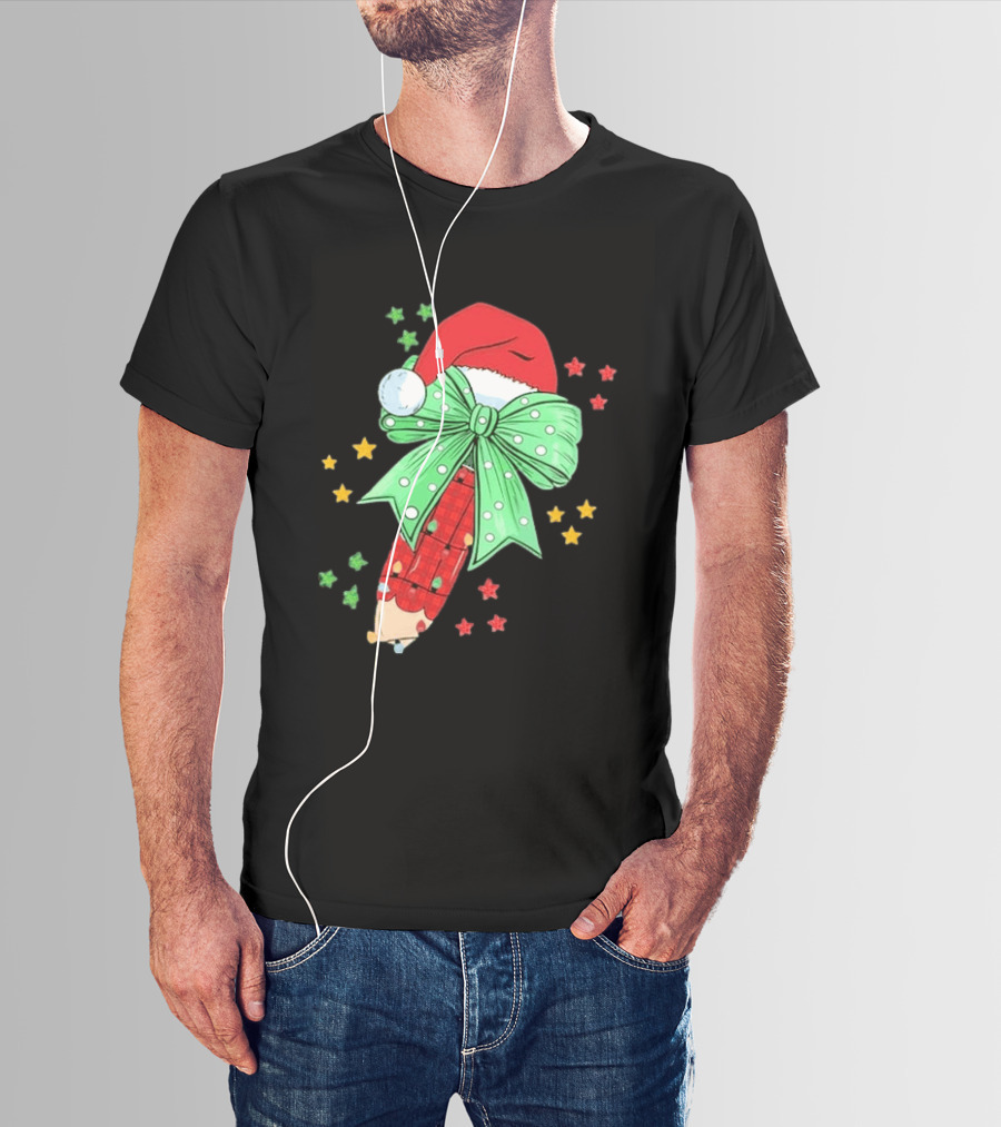 Christmas Elf Pen Candy Cane With Green Bow And Santa Hat T-Shirt