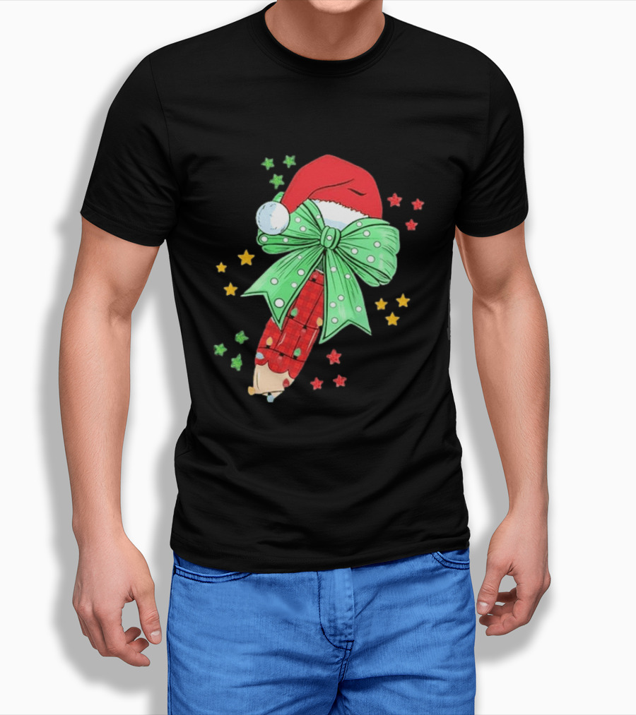 Christmas Elf Pen Candy Cane With Green Bow And Santa Hat T-Shirt