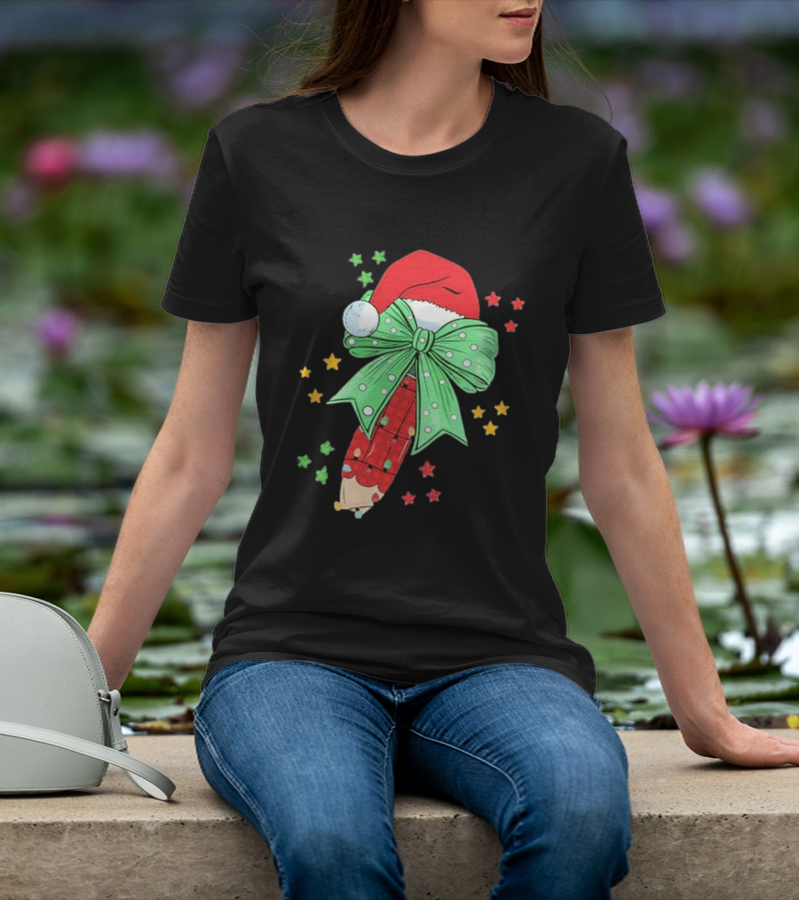 Christmas Elf Pen Candy Cane With Green Bow And Santa Hat T-Shirt