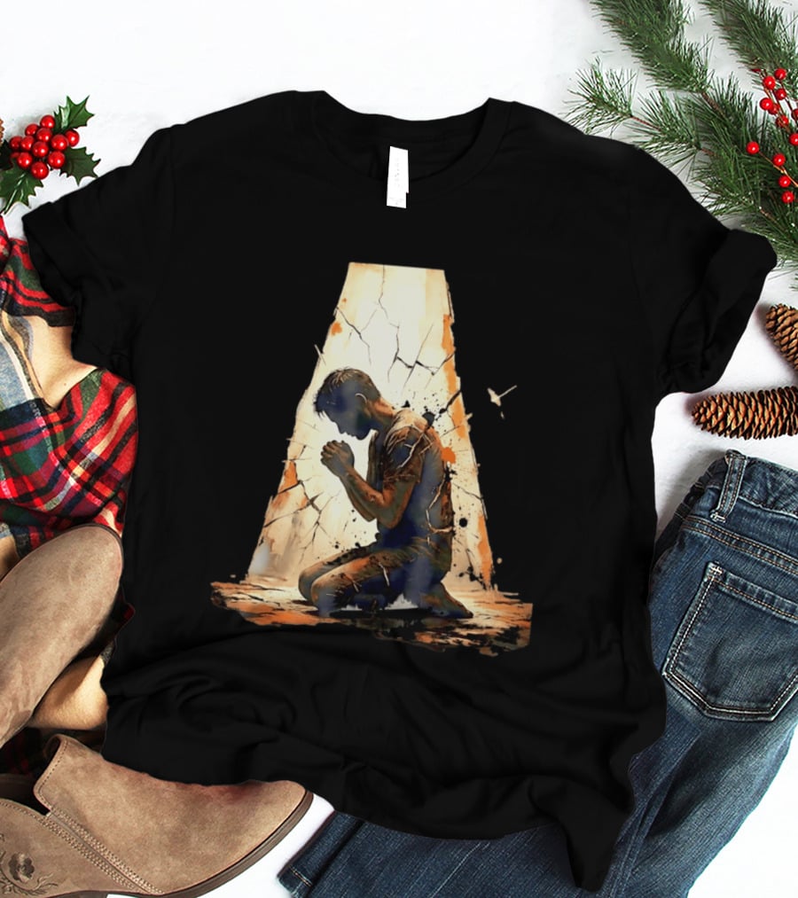 Man Kneeling In Prayer Spiritual Faith Devotion Cracked Wall And Light T-Shirt