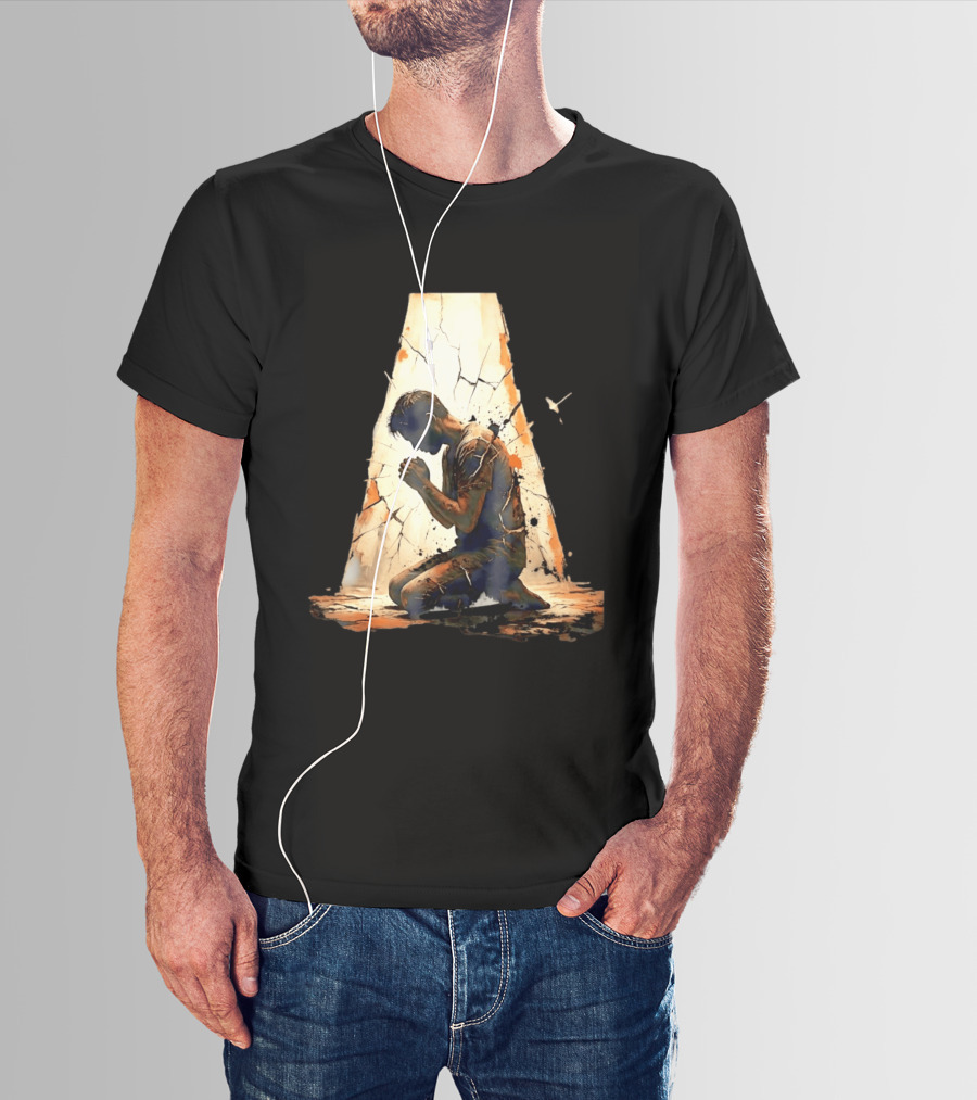 Man Kneeling In Prayer Spiritual Faith Devotion Cracked Wall And Light T-Shirt