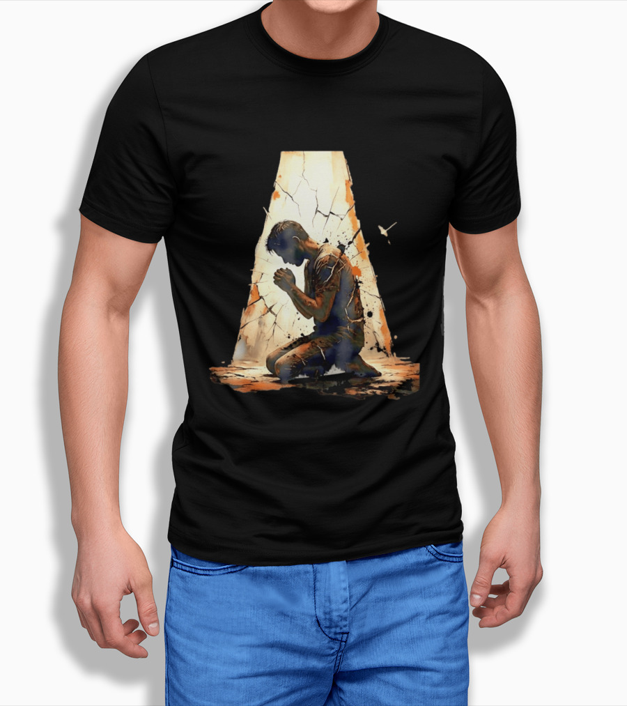 Man Kneeling In Prayer Spiritual Faith Devotion Cracked Wall And Light T-Shirt