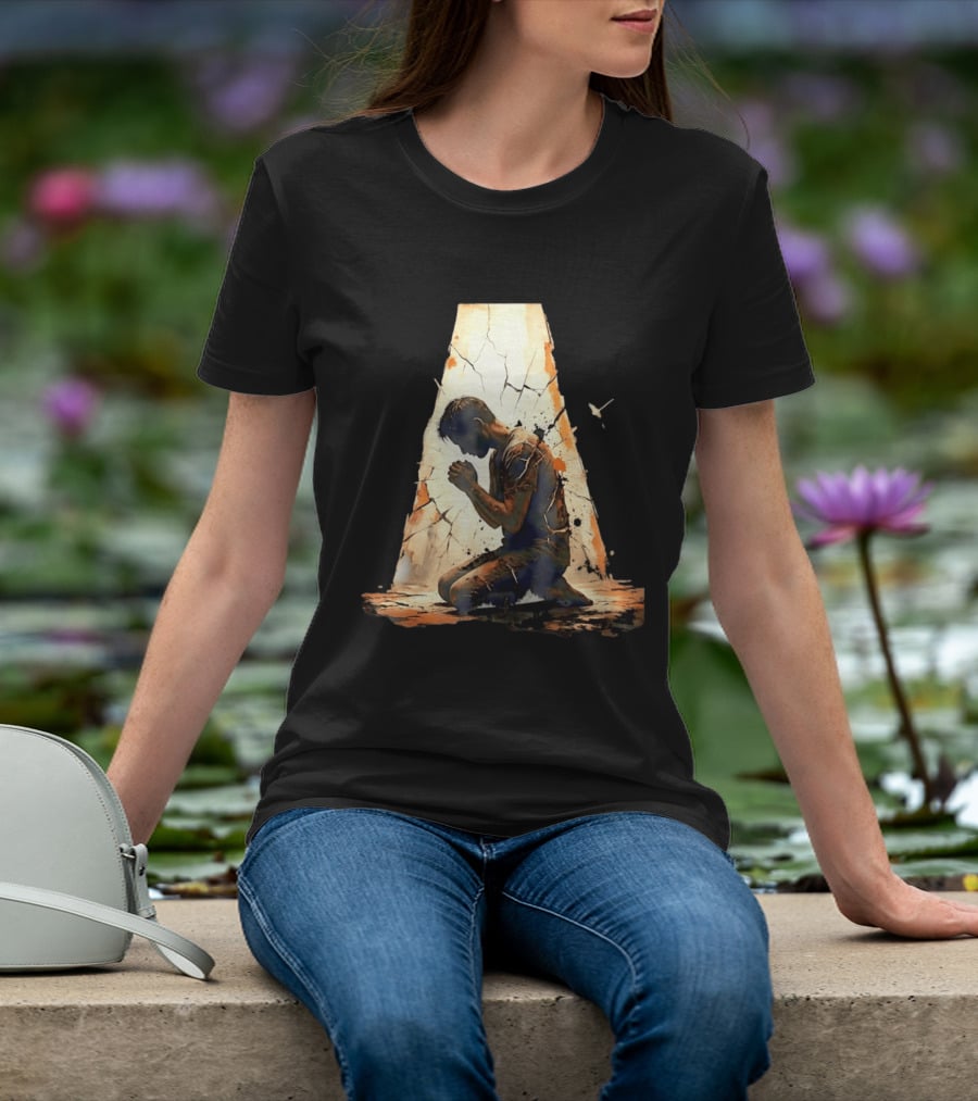 Man Kneeling In Prayer Spiritual Faith Devotion Cracked Wall And Light T-Shirt