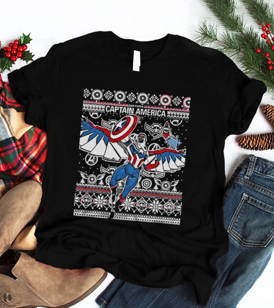 Marvel Captain America Sam Wilson Christmas Sweater Style Festive Holiday T-Shirt