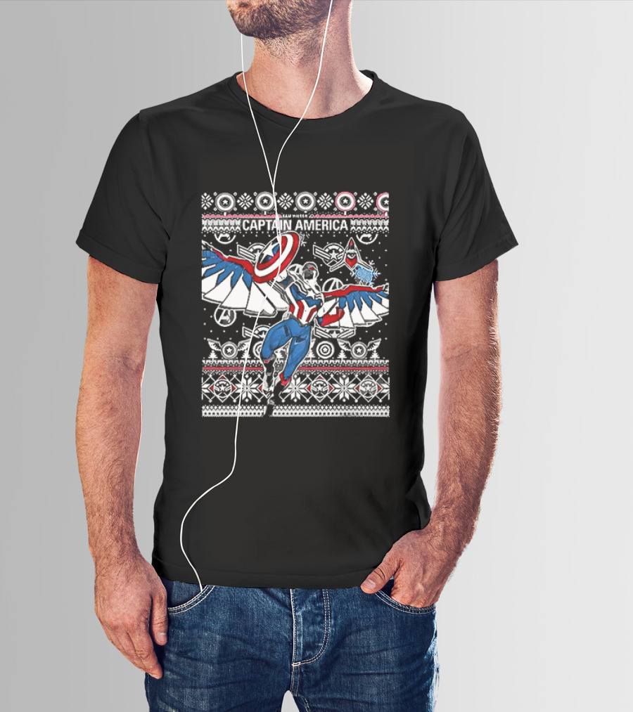 Marvel Captain America Sam Wilson Christmas Sweater Style Festive Holiday T-Shirt