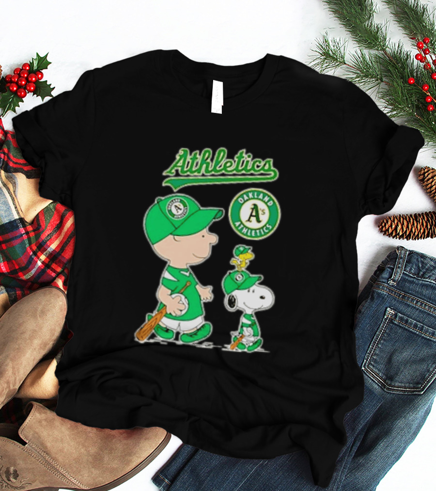 Oakland Athletics MLB Charlie Brown Snoopy Woodstock Baseball Peanuts Characters T-Shirt
