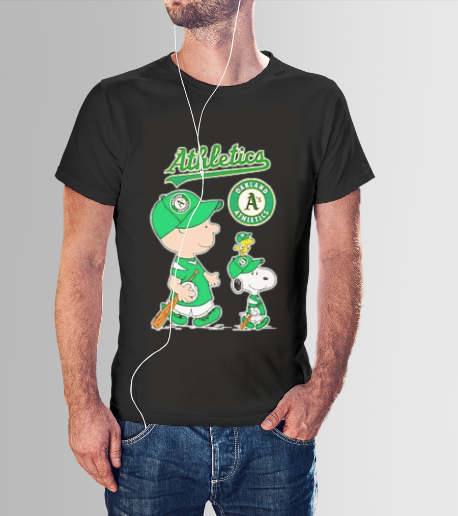 Oakland Athletics MLB Charlie Brown Snoopy Woodstock Baseball Peanuts Characters T-Shirt