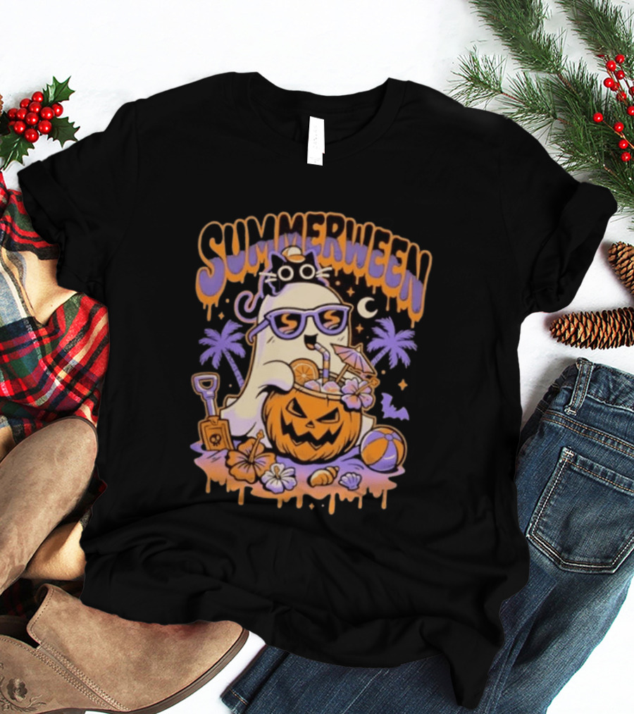 Summerween Cartoon Ghost Sunglasses Drinking Pumpkin Beach Vibes T-Shirt