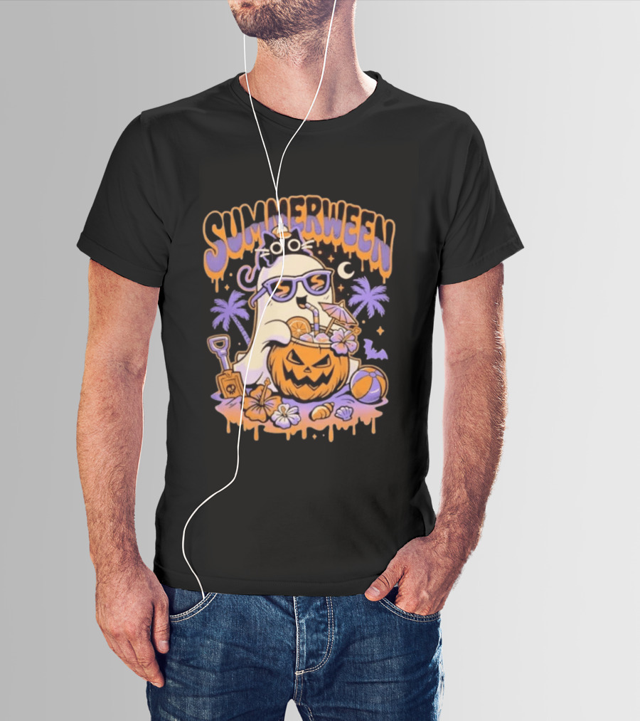 Summerween Cartoon Ghost Sunglasses Drinking Pumpkin Beach Vibes T-Shirt