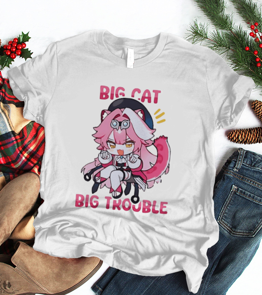 Big Cat Big Trouble Chibi Character With Pink Hair And Tail T-Shirt