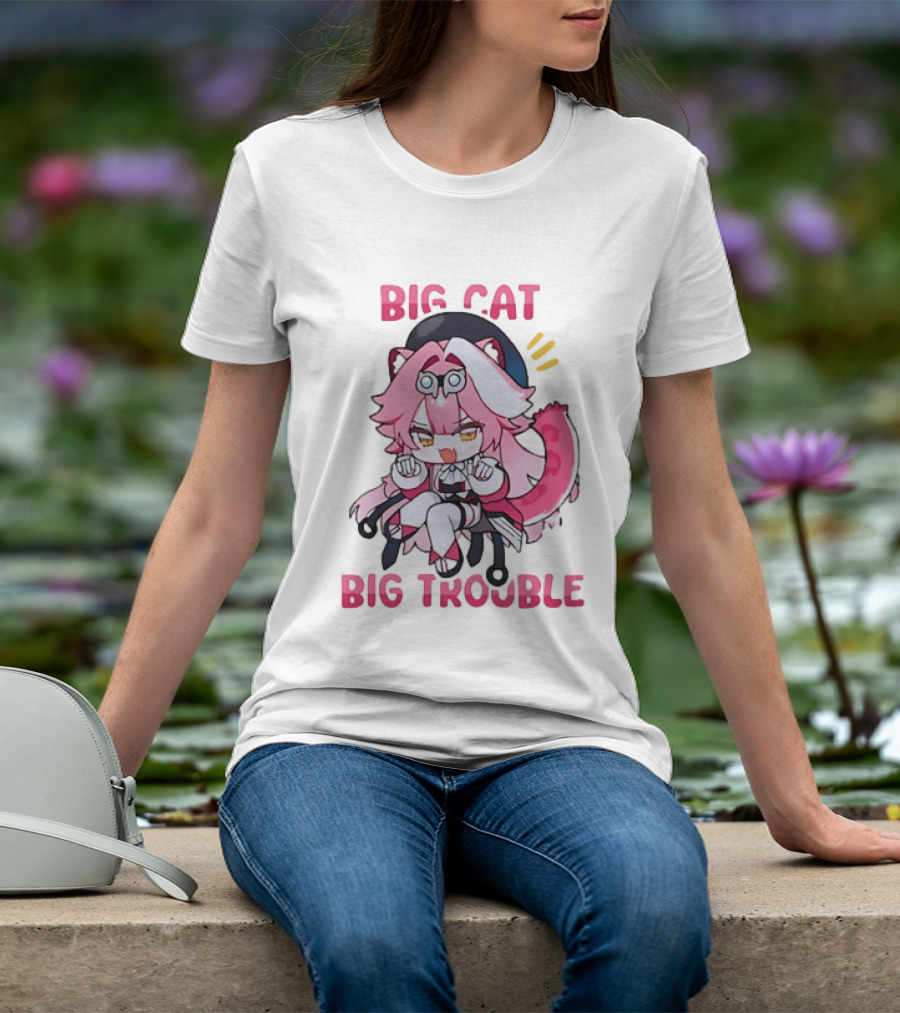 Big Cat Big Trouble Chibi Character With Pink Hair And Tail T-Shirt