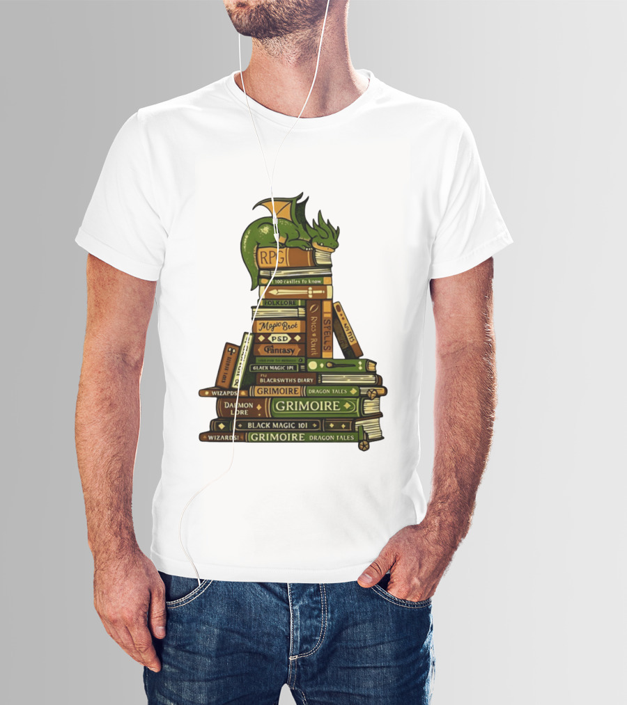 Dragon Resting On RPG Fantasy Grimoire Magic Books Stack T-Shirt