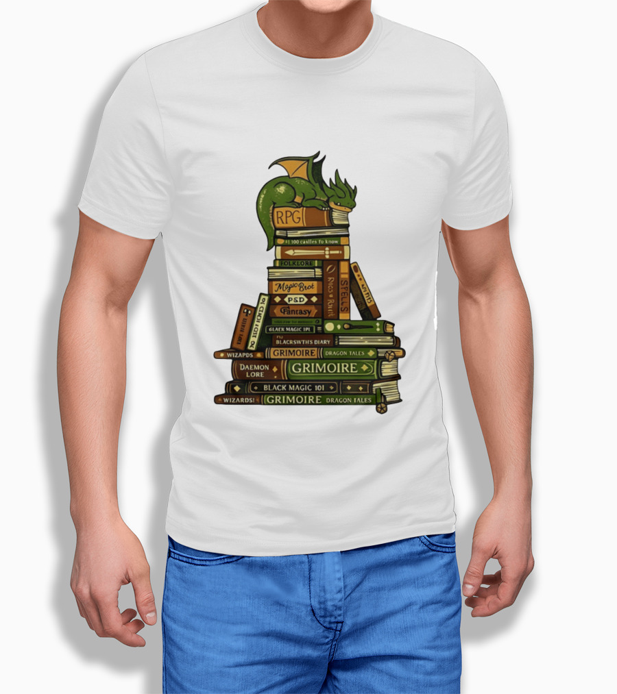 Dragon Resting On RPG Fantasy Grimoire Magic Books Stack T-Shirt