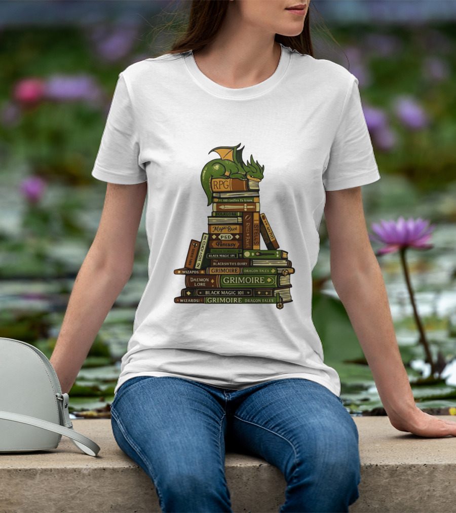 Dragon Resting On RPG Fantasy Grimoire Magic Books Stack T-Shirt