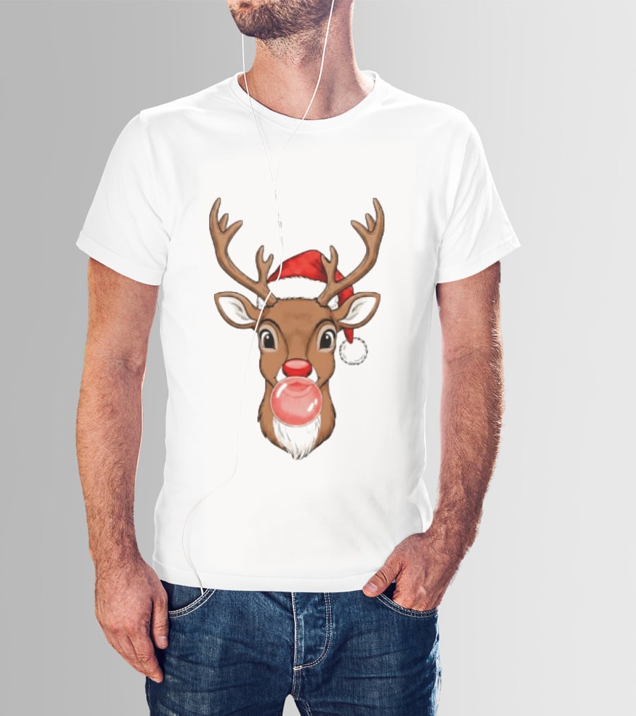Merry Christmas Reindeer Santa Hat Bubble Gum Red Nose T-Shirt