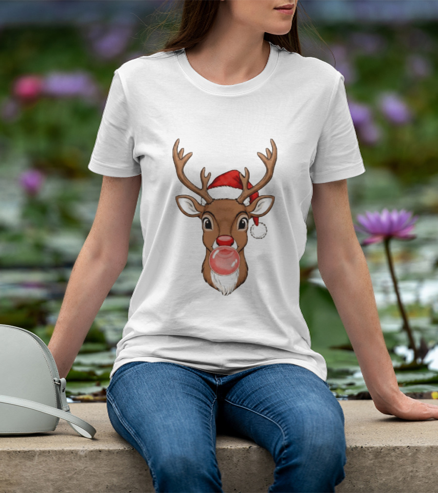 Merry Christmas Reindeer Santa Hat Bubble Gum Red Nose T-Shirt