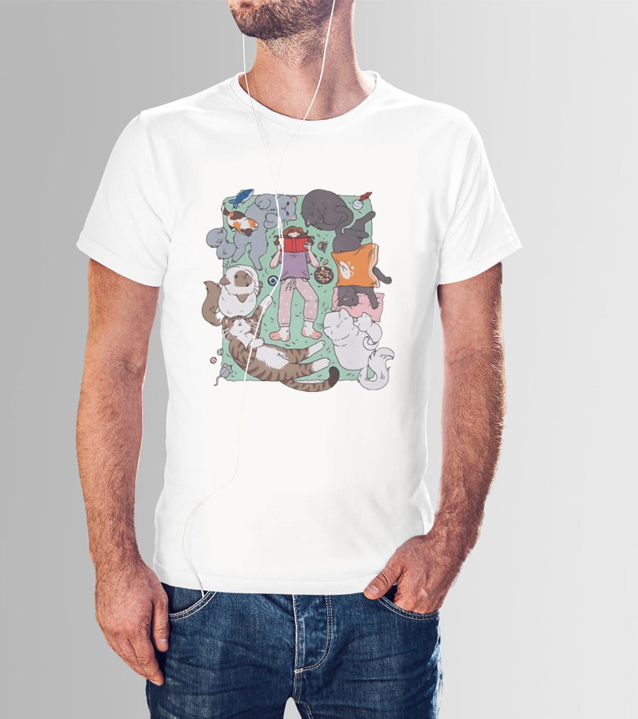 Girl Reading A Book With Cats Around Her Cat Lover T-Shirt
