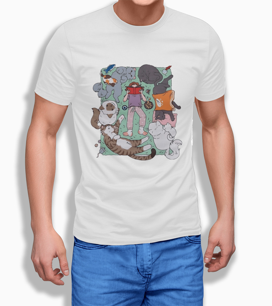 Girl Reading A Book With Cats Around Her Cat Lover T-Shirt