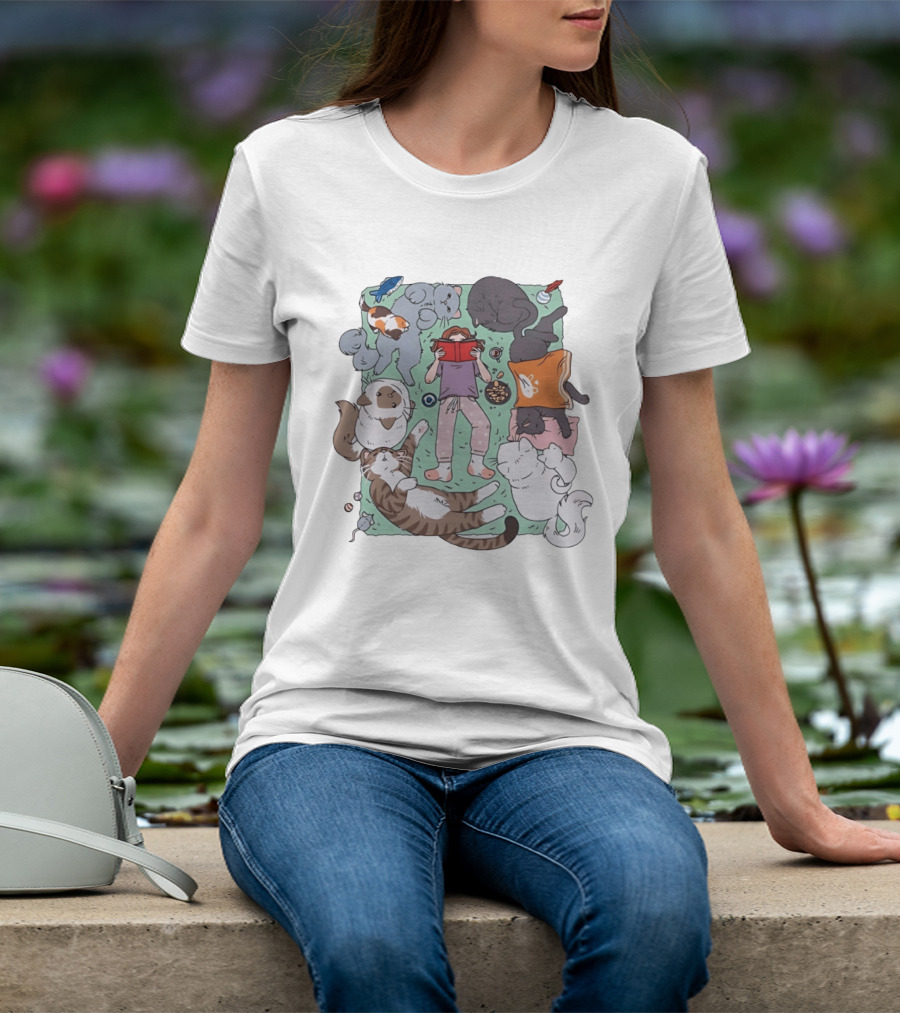 Girl Reading A Book With Cats Around Her Cat Lover T-Shirt