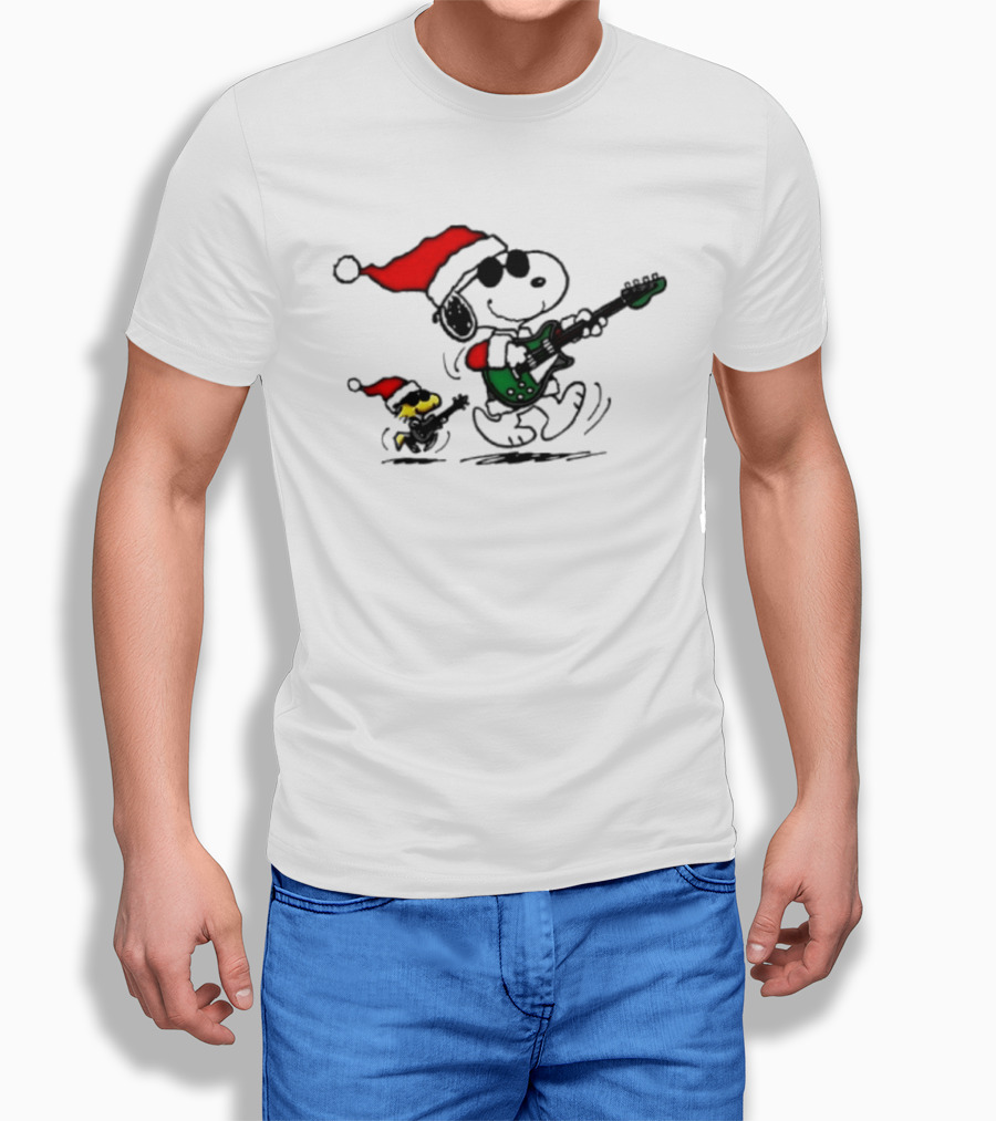 Snoopy Christmas Rocking Guitar Santa Hat Woodstock Peanuts T-Shirt