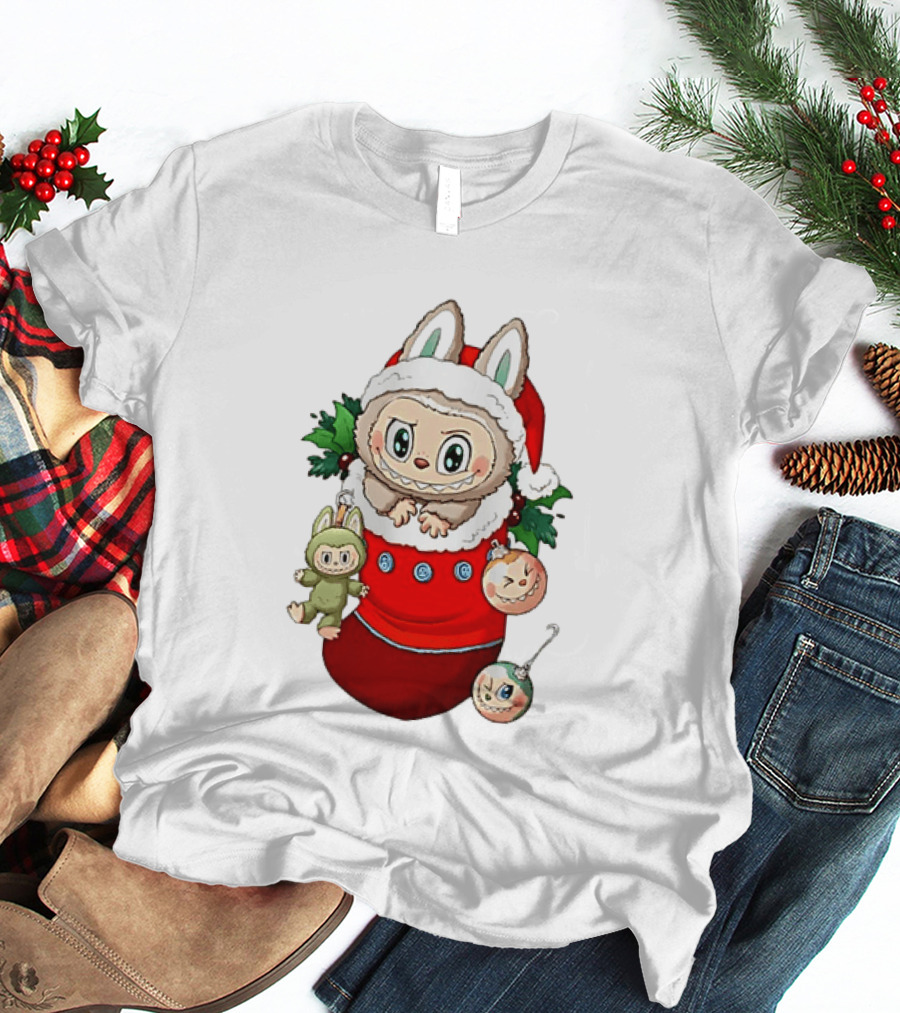 Stocking Stuffer Labubu Christmas Santa Hat Holly Ornaments T-Shirt