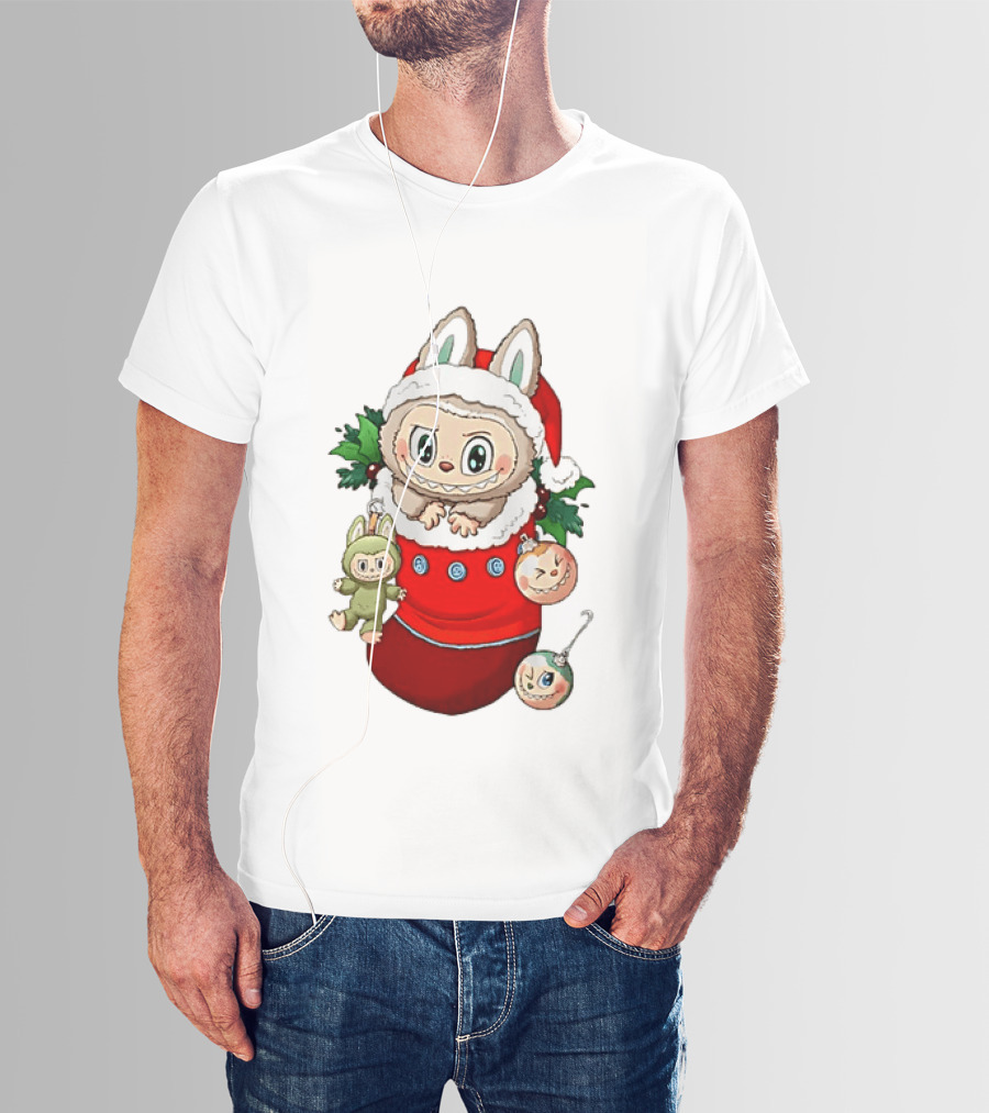 Stocking Stuffer Labubu Christmas Santa Hat Holly Ornaments T-Shirt