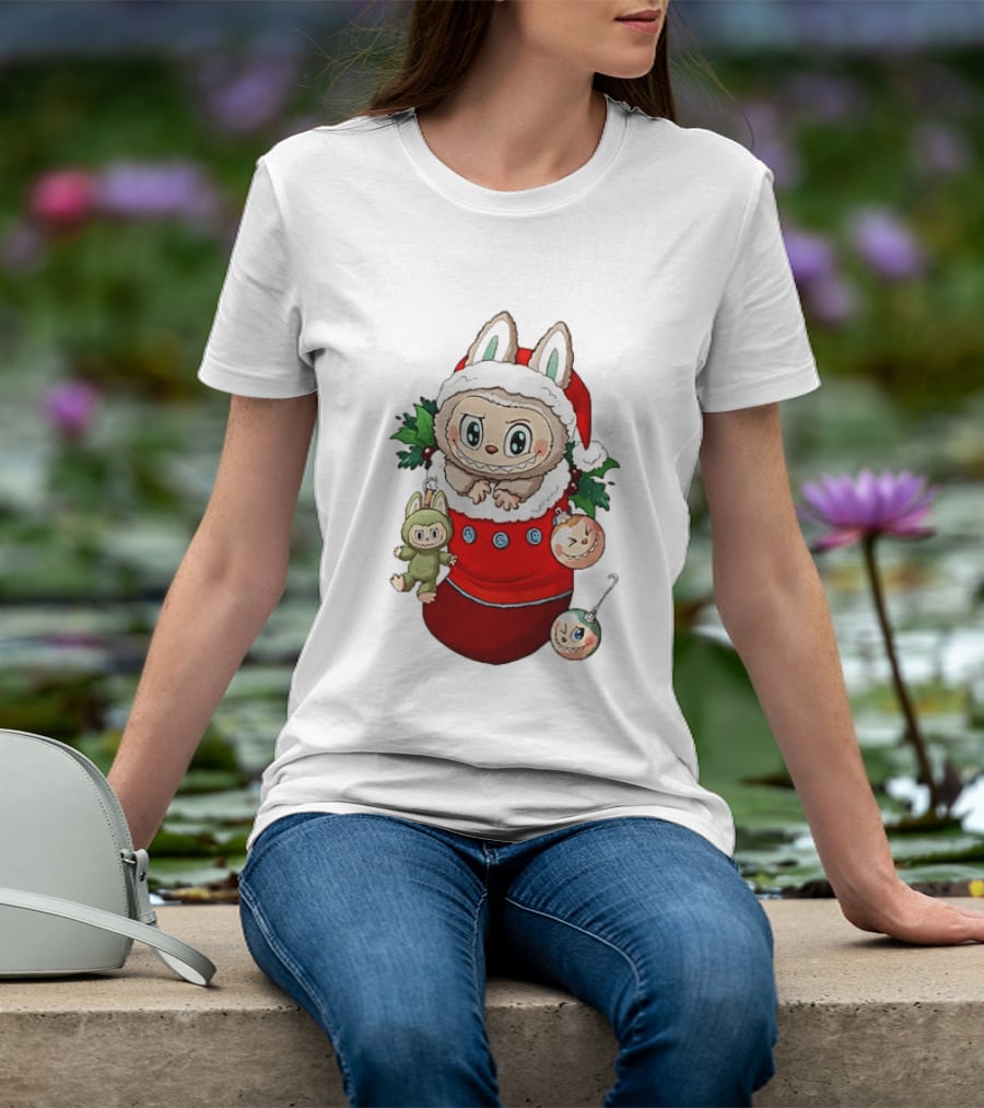 Stocking Stuffer Labubu Christmas Santa Hat Holly Ornaments T-Shirt