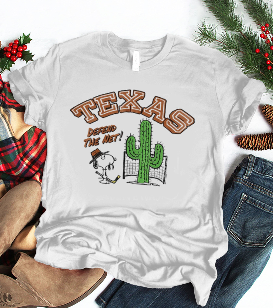 Texas Peanuts Snoopy Defend The Net Hockey Cactus T-Shirt