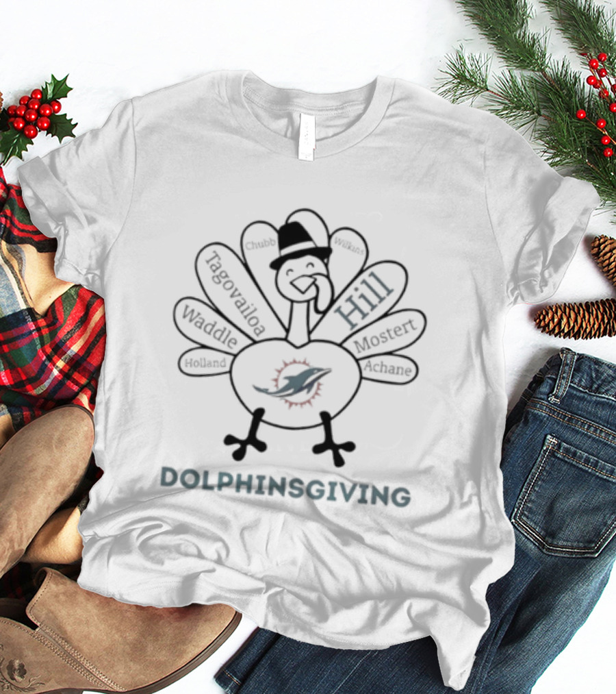 Dolphinsgiving Thanksgiving Miami Dolphins Hill Waddle Tagovailoa Mostert Turkey T-Shirt