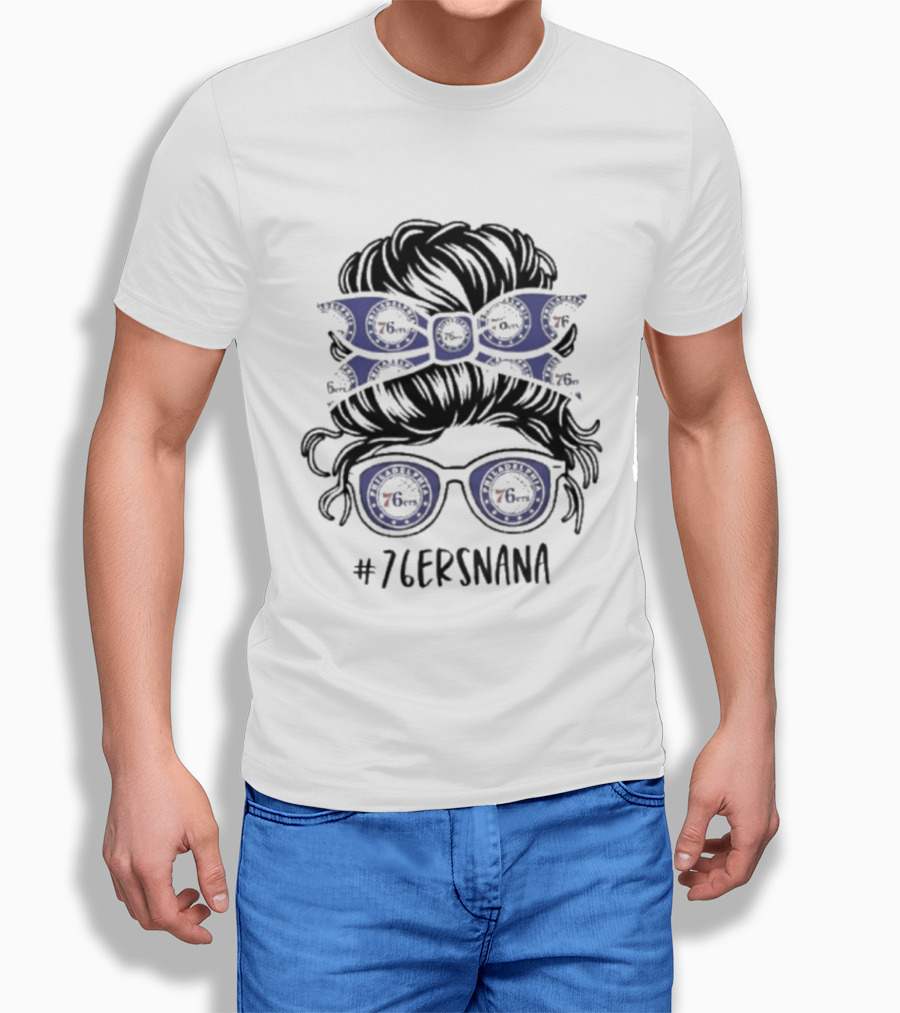 Philadelphia 76ers Nana Messy Bun Glasses Headband T-Shirt