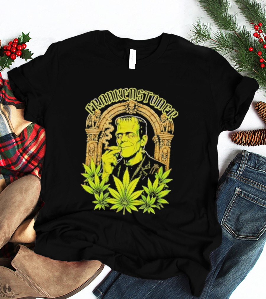 Frankenstoner Frankenstein Marijuana Smoking Arch Skulls T-Shirt