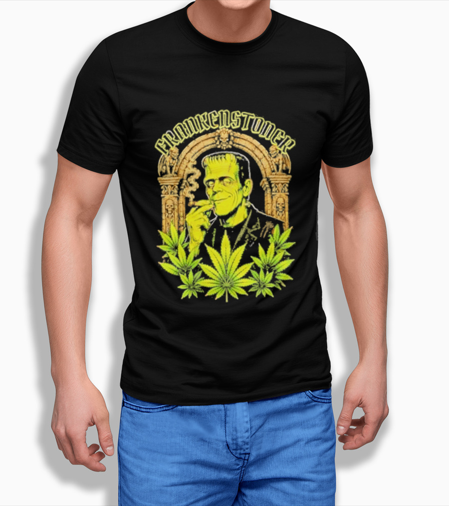 Frankenstoner Frankenstein Marijuana Smoking Arch Skulls T-Shirt