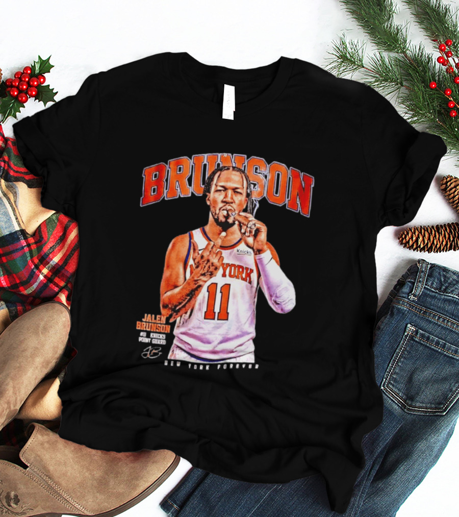 Jalen Brunson Middle Finger New York Knicks NBA Point Guard Brunson 11 Old Yolk Records Knicks T-Shirt